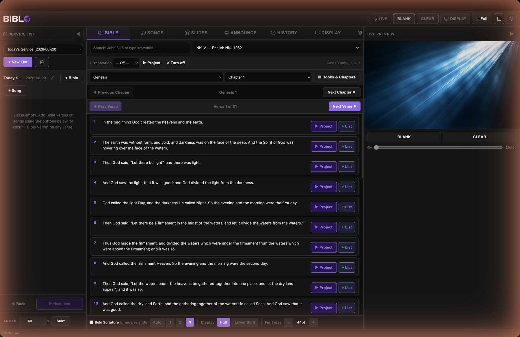Biblo operator panel showing Genesis 1 in the Bible tab with Project and List buttons, and the live preview pane on the right